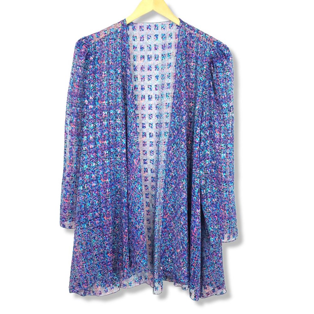 Vintage Blue Confetti Multicolored Sheer Kimono Cardigan Size 16